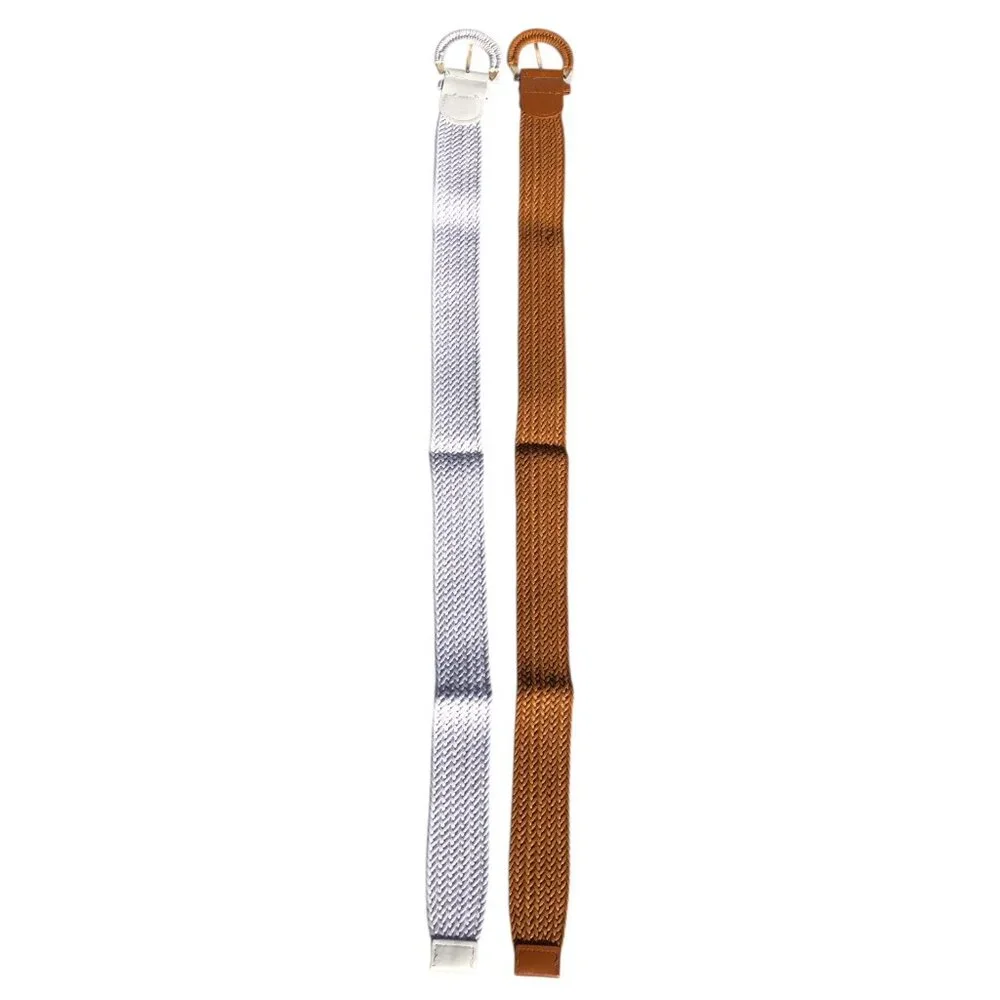 Women's Woven Stretch Belt Set Brown & White Braided Elastic, One Size